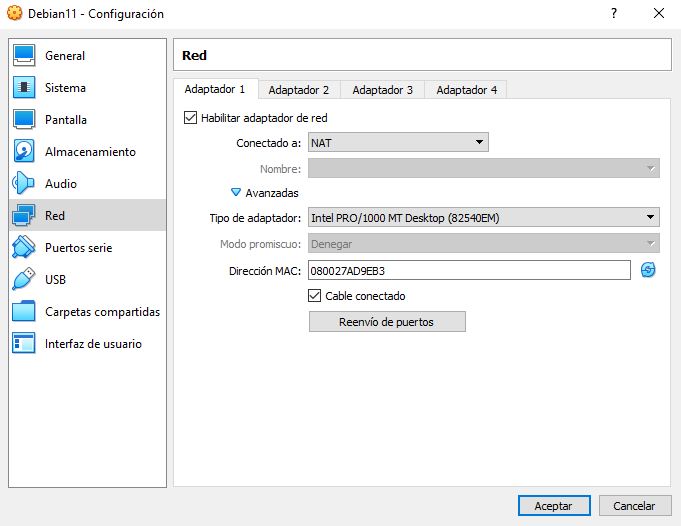 Configuración de red máquina virtual