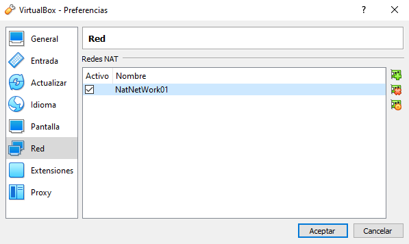 Ventana configuración de preferencias de red