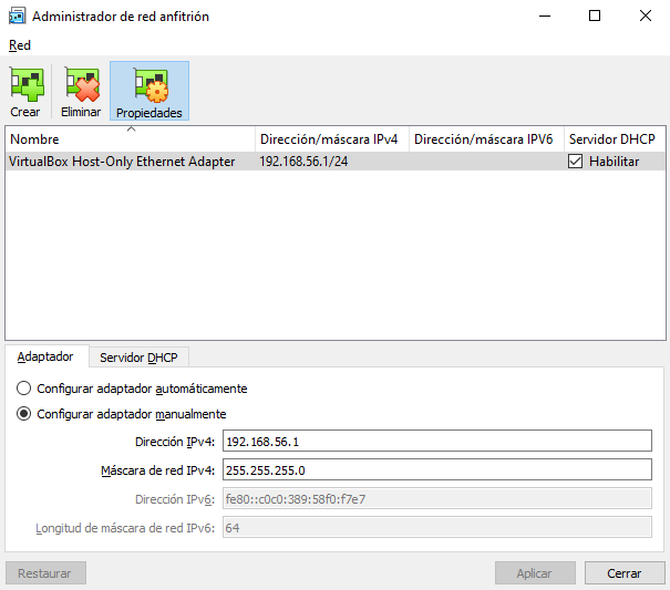 Ventana Administrador de red anfitrión